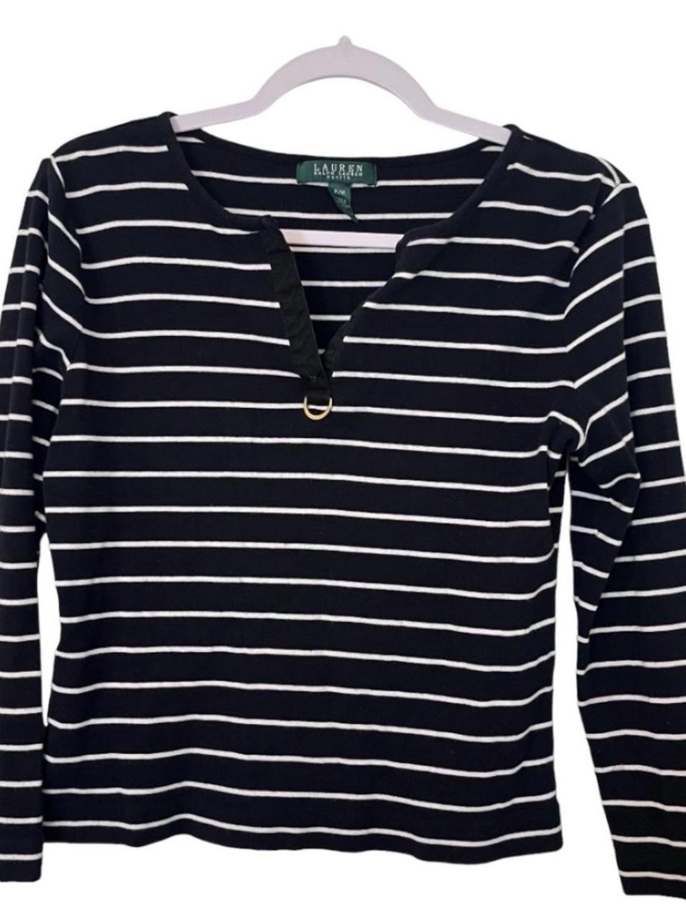 Lauren Ralph Lauren Navy and White Striped Long-Sleeve Tee with Notch Neck